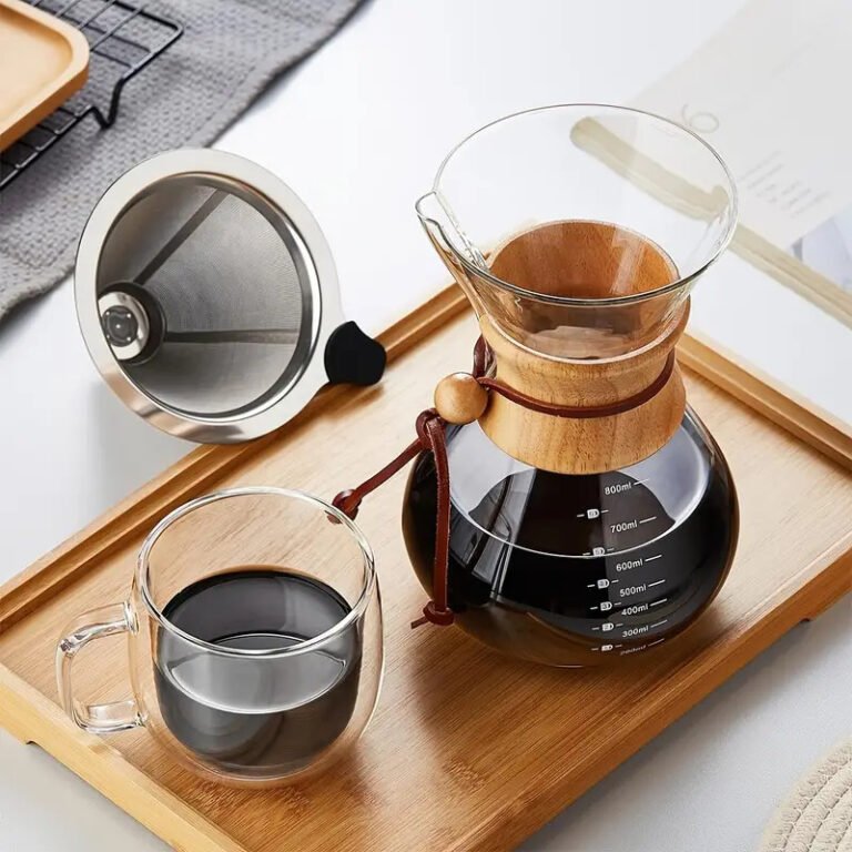 Elegant Glass Coffee Server Set with Stainless Steel Filters and Wood Handle