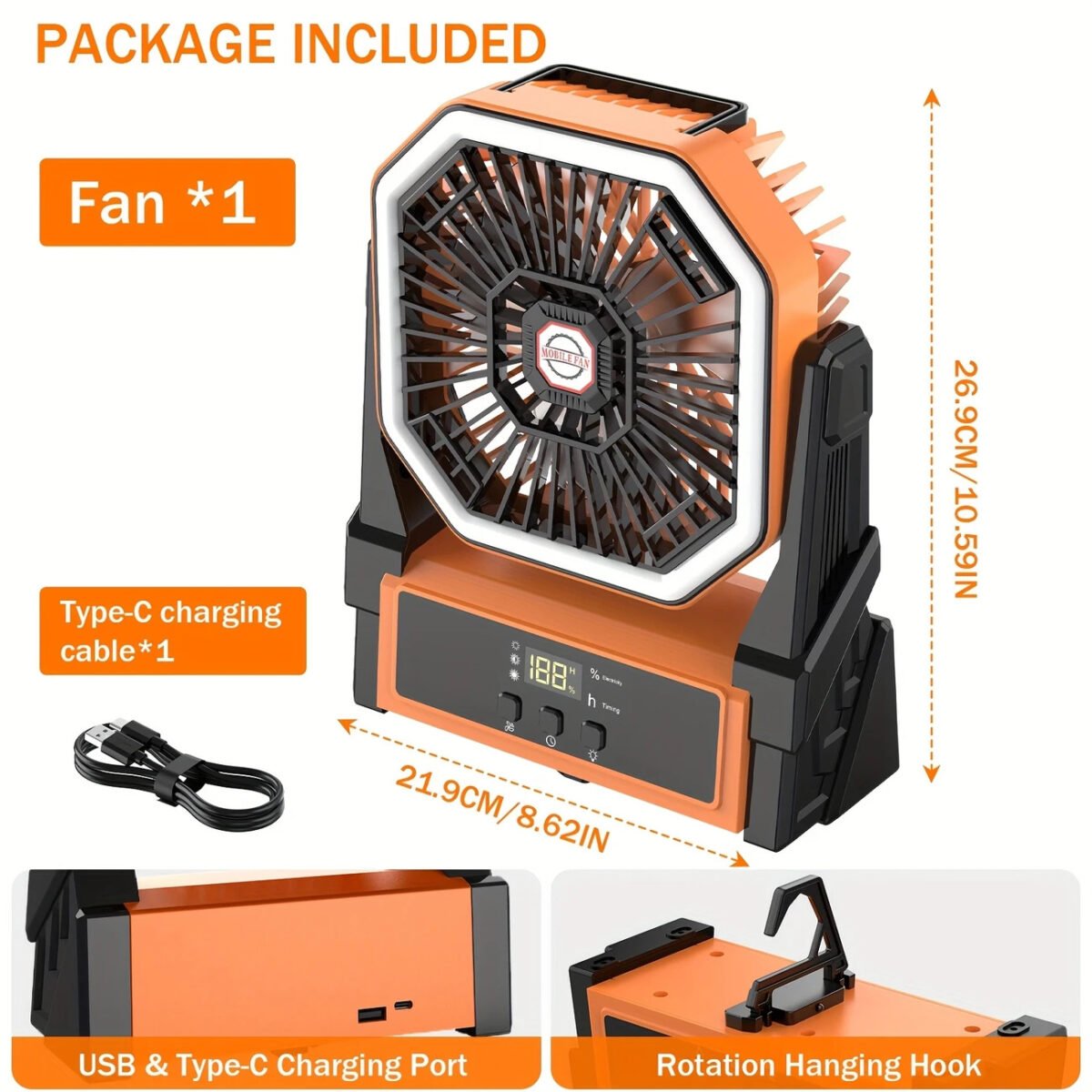 Oscillating Fan with Rotation Hanging Hook for Tents1