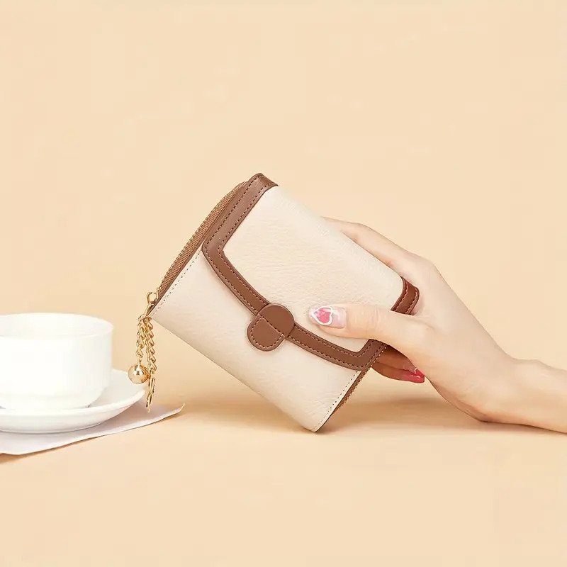 Fashionable Beige Leather Trifold Wallet
